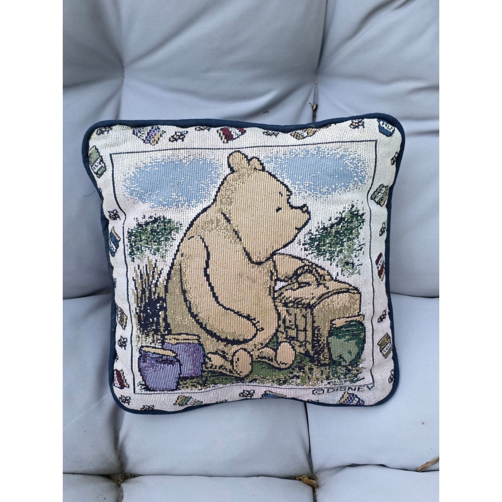 Disney Winnie the Pooh Vintage Tapestry Throw Pillow Crown Crafts 12x12 Navy